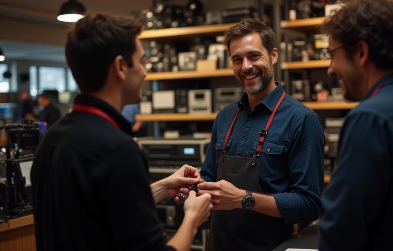 Friendly staff helping a customer inside the Master Sound & Image store, equipment visible on shelves