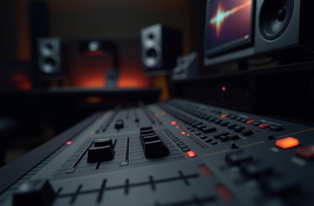 Closeup of professional audio and video recording equipment, including a camera lens, mixing board, and microphone