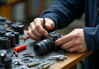 Technician working on camera repair at a workbench with tools
