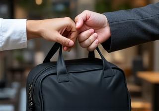 Handing over a rented camera bag during an equipment transaction