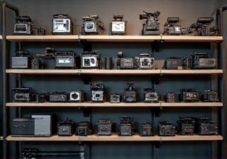 Various cameras and microphones on display in a store setting