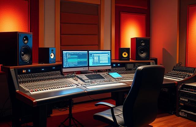 Professional audio recording studio setup with mixing console, monitors, and acoustic treatment