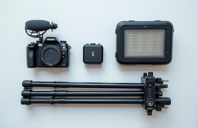 Compact video production kit with mirrorless camera, small shotgun microphone, LED light, and tripod